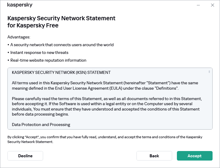 The GDPR Kaspersky Security Network Statement acceptance window