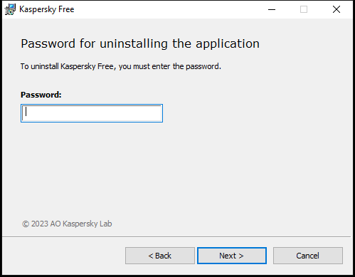 Window for entering a password to uninstall the application