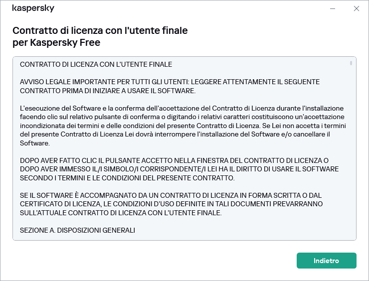 Finestra che contiene il testo del Contratto di licenza con l'utente finale