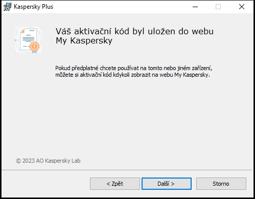 Okno s úspěšně uloženým předplatným v účtu My Kaspersky