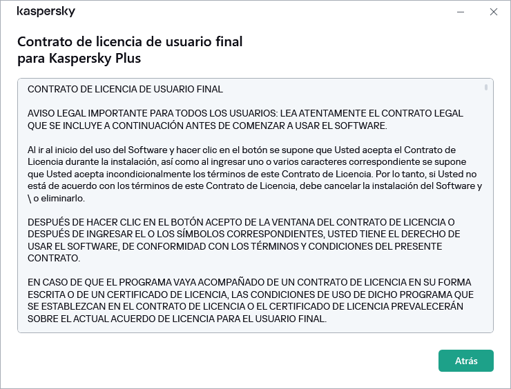 Ventana que contiene el texto del Contrato de licencia de usuario final