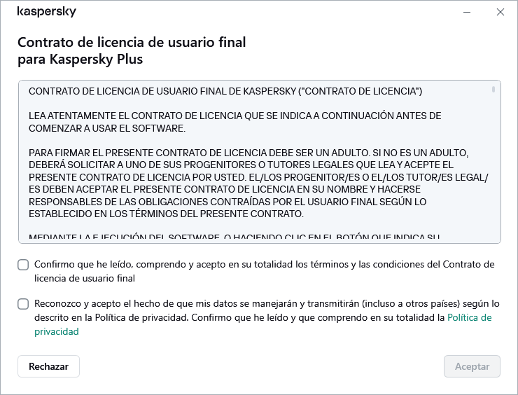 La ventana de aceptación del acuerdo de licencia de GDPR