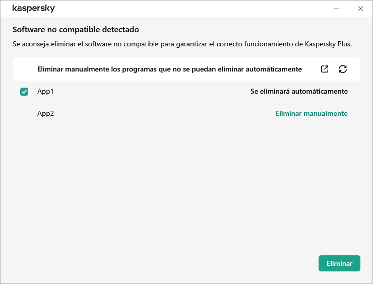 Ventana con la lista de aplicaciones incompatibles