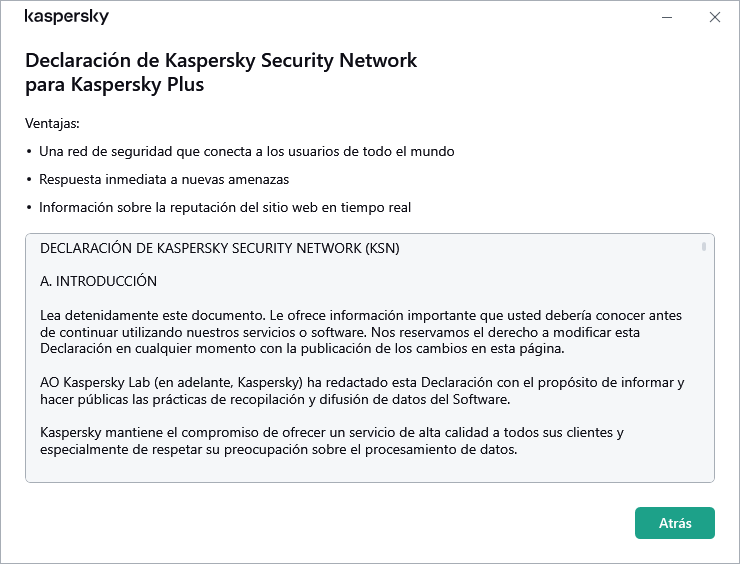 Ventana de aceptación de la declaración de Kaspersky Security Network.