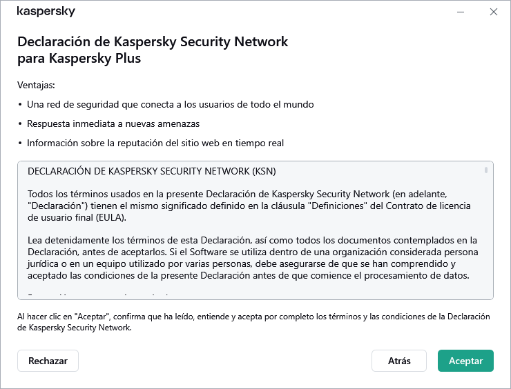 Ventana de aceptación de la declaración de Kaspersky Security Network de GDPR