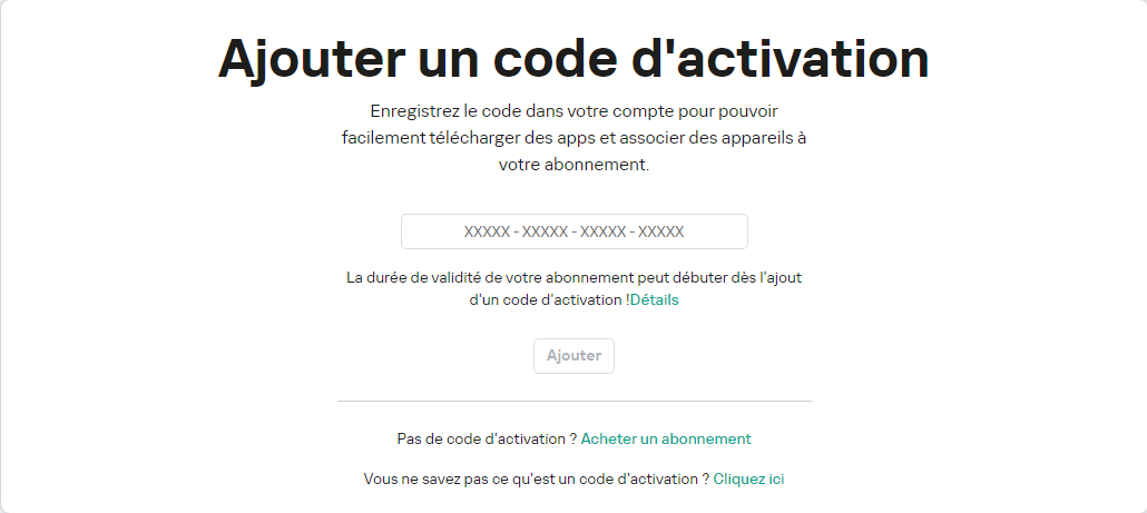 Fenêtre d'ajout d'un code d'activation à votre compte