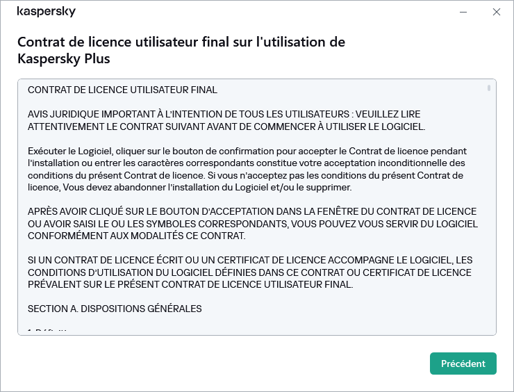 Fenêtre contenant le texte du Contrat de licence utilisateur final