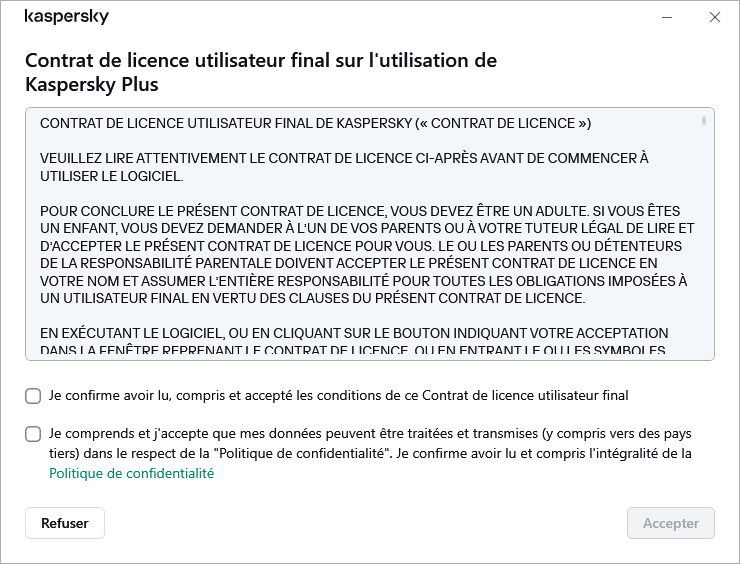 La fenêtre d'acceptation du contrat de licence RGPD