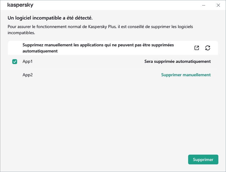 Fenêtre avec la liste des applications incompatibles