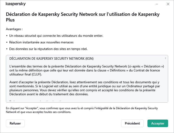 La fenêtre d'acceptation de la Déclaration RGPD de Kaspersky Security Network