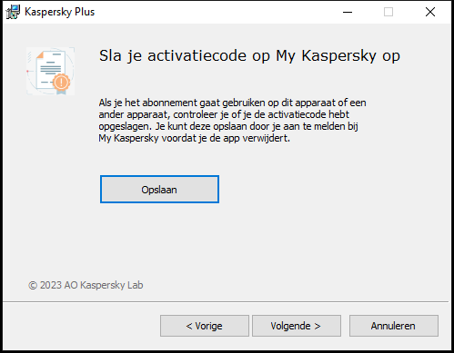 Venster waarin wordt gevraagd om een abonnement op te slaan in My Kaspersky
