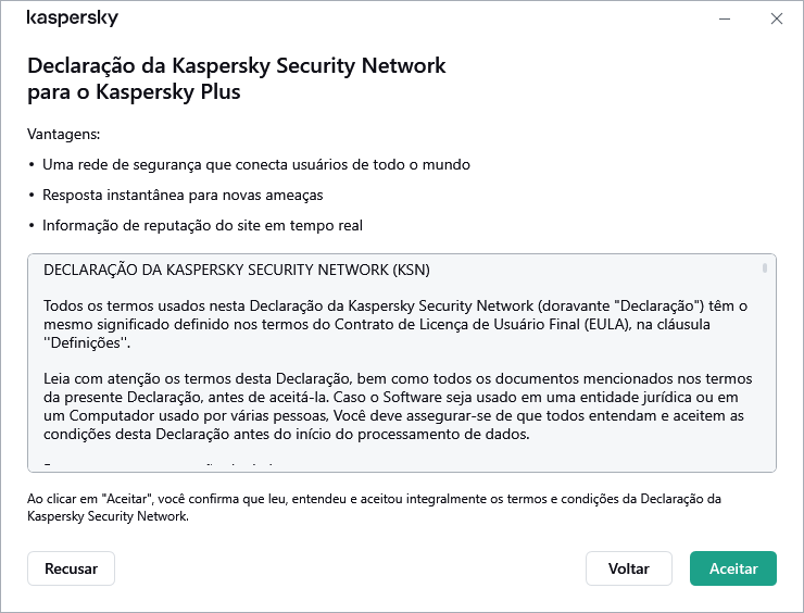A janela de aceitação da Declaração da Kaspersky Security Network GDPR