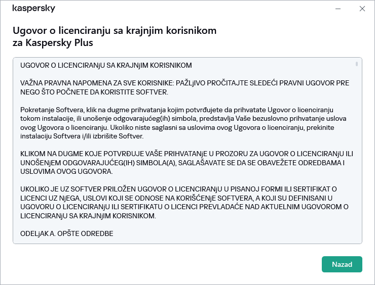 Prozor sadrži tekst Ugovora o licenciranju sa krajnjim korisnikom
