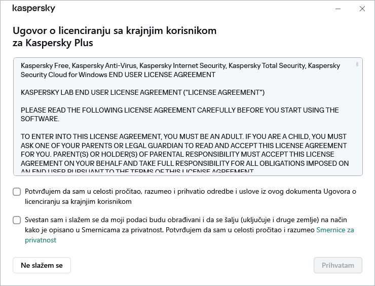 Prozor prihvatanja ugovora o GDPR licenci