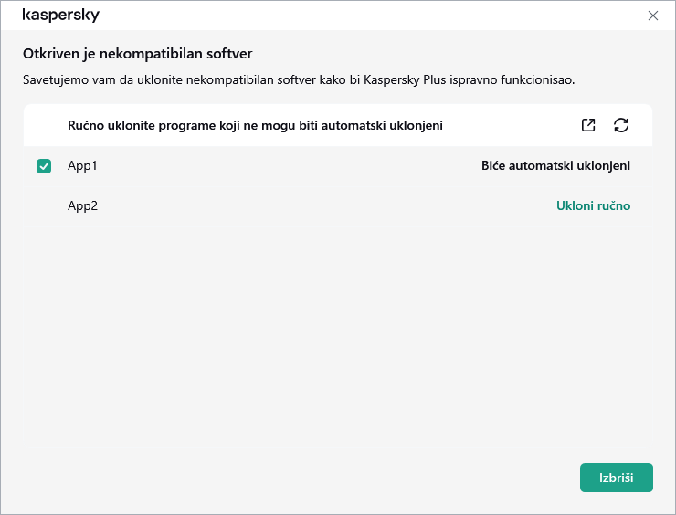 Prozor sa listom nekompatibilnih aplikacija