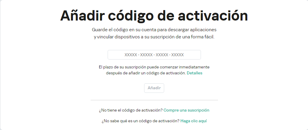 Ventana para añadir un código de activación a la cuenta