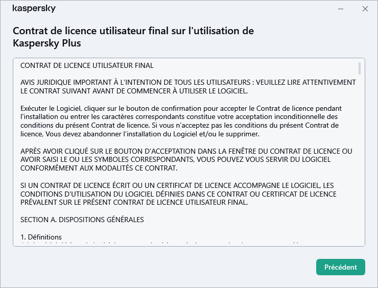 Fenêtre contenant le texte du Contrat de licence utilisateur final