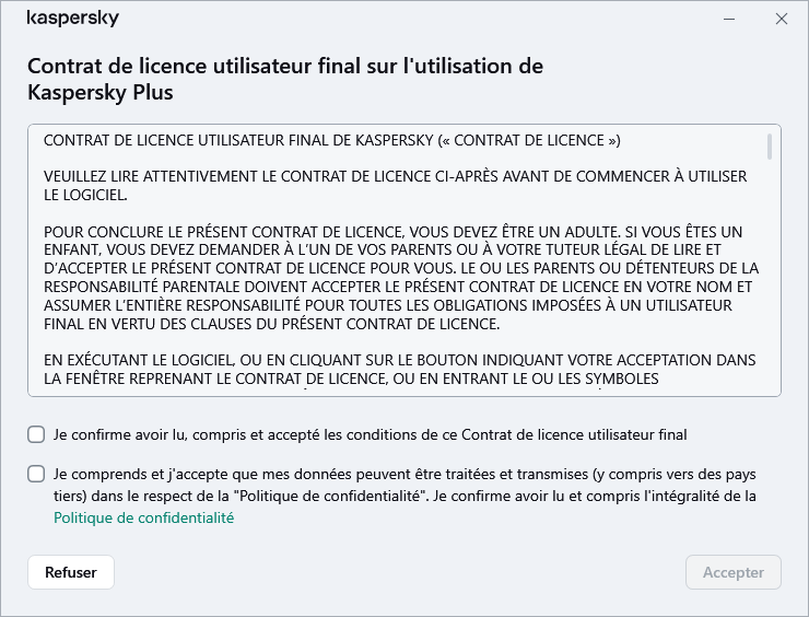 La fenêtre d'acceptation du contrat de licence RGPD