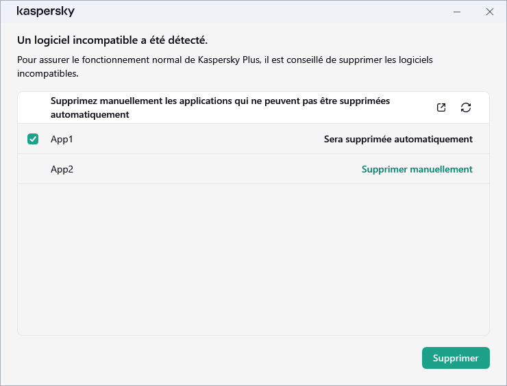 Fenêtre avec la liste des applications incompatibles