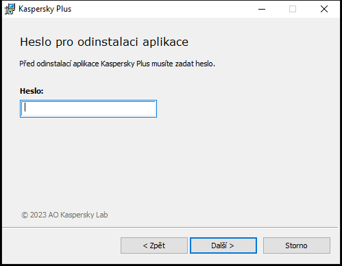 Okno pro zadání hesla pro odinstalaci aplikace