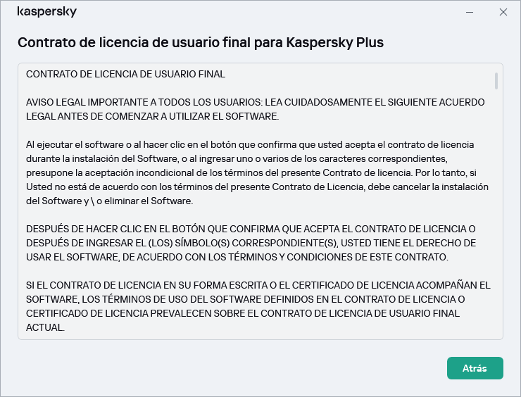 La ventana que contiene el texto del Contrato de licencia de usuario final.