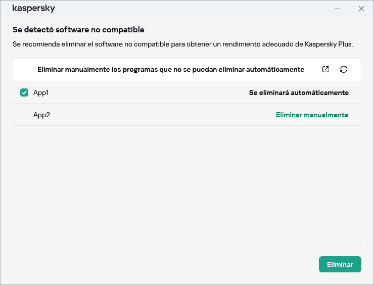 Ventana con la lista de aplicaciones incompatibles