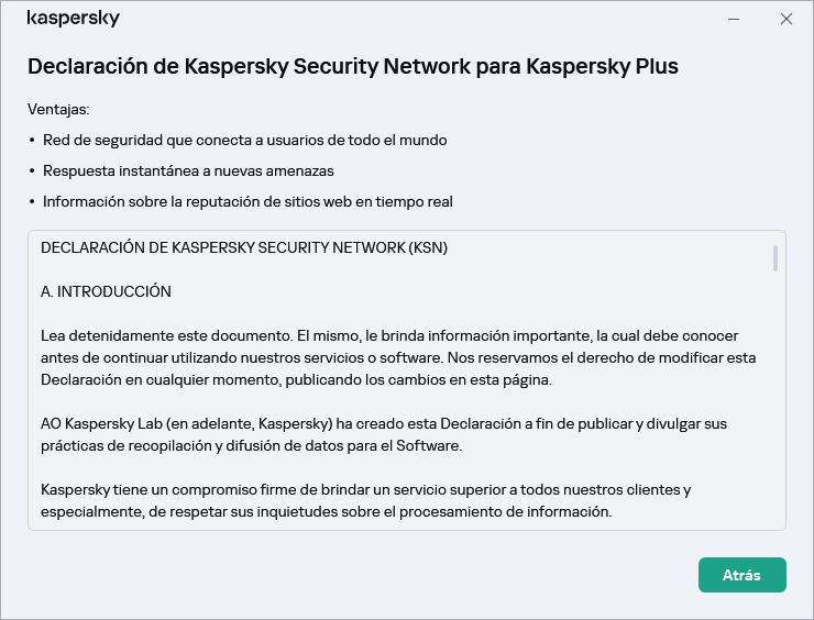 La ventana de aceptación de la Declaración de Kaspersky Security Network