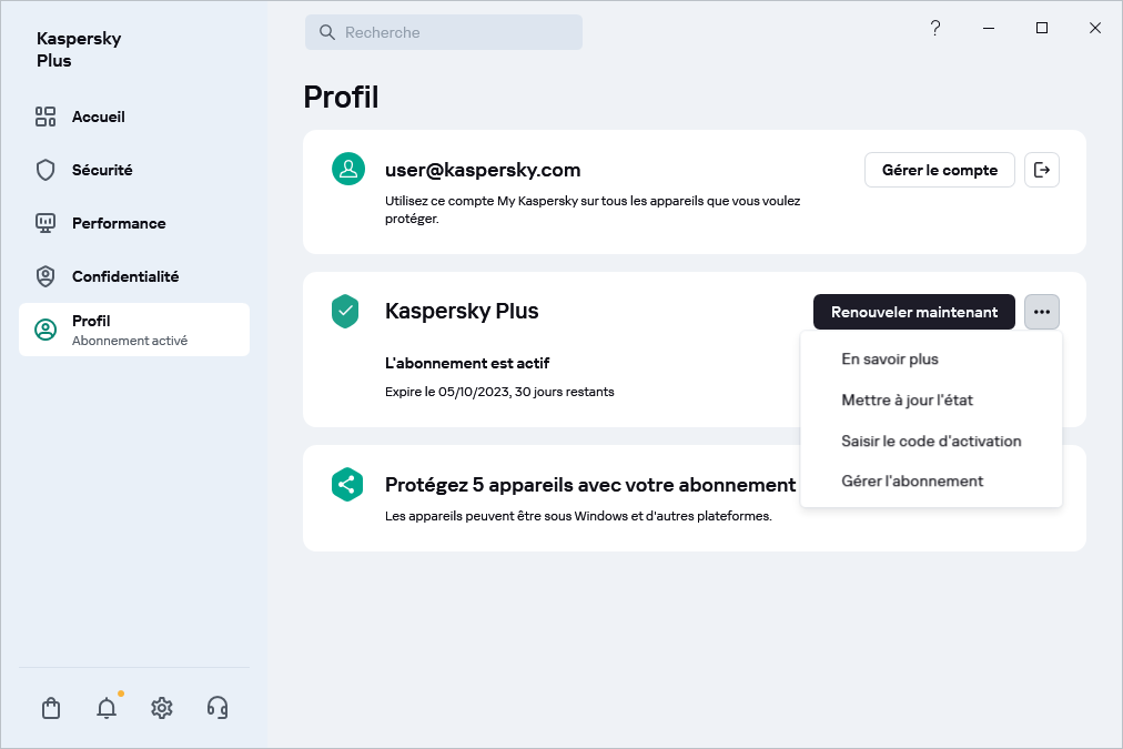 Fenêtre du profil