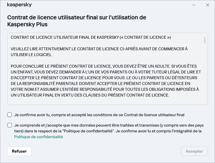 La fenêtre d'acceptation du contrat de licence RGPD