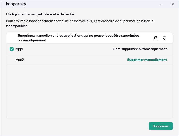 Fenêtre avec la liste des applications incompatibles