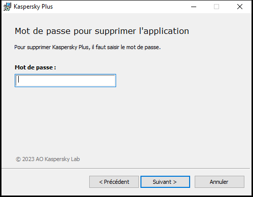 Fenêtre de saisie d'un mot de passe pour désinstaller l'application