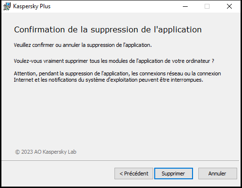 Fenêtre de confirmation de la suppression de l'application