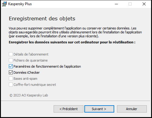 Fenêtre d'enregistrement des paramètres lors de la désinstallation d'une application