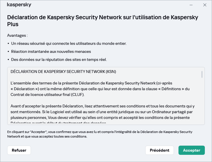 La fenêtre d'acceptation de la Déclaration RGPD de Kaspersky Security Network