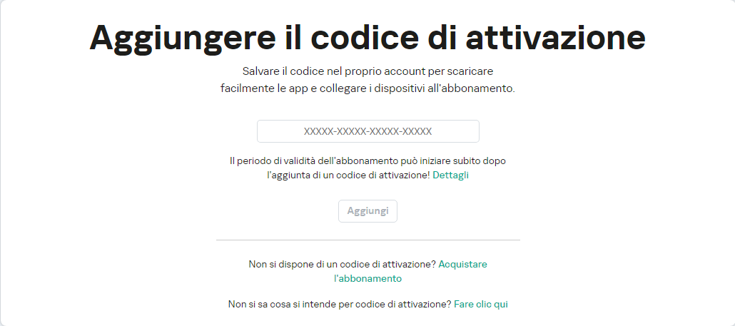 Finestra per aggiungere un codice di attivazione all'account