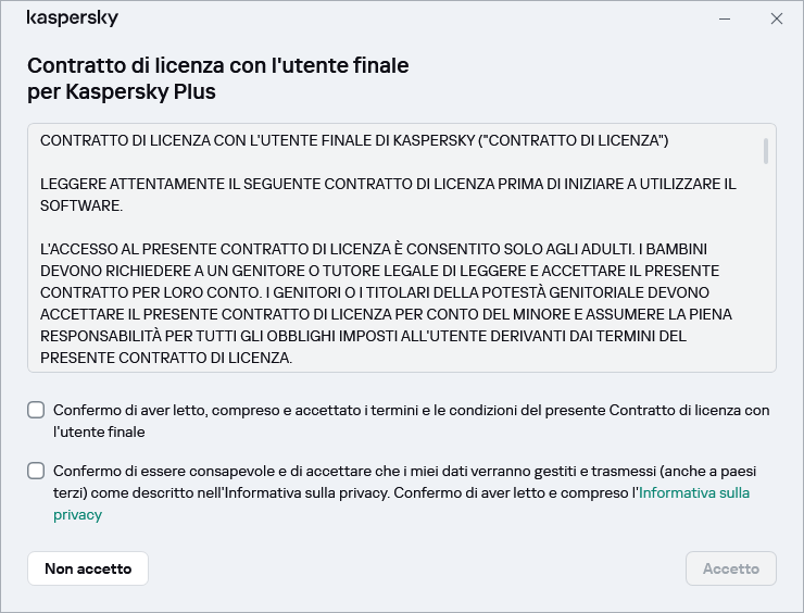 Finestra di accettazione del contratto di licenza GDPR