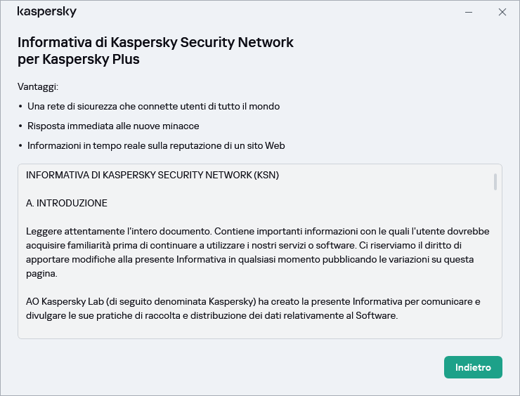 Finestra di accettazione dell'Informativa di Kaspersky Security Network