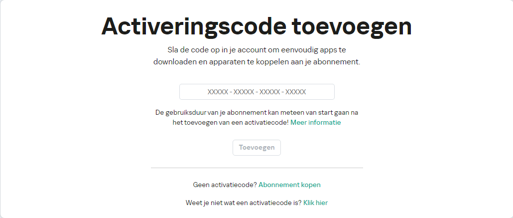 Venster voor het toevoegen van een activatiecode aan uw account