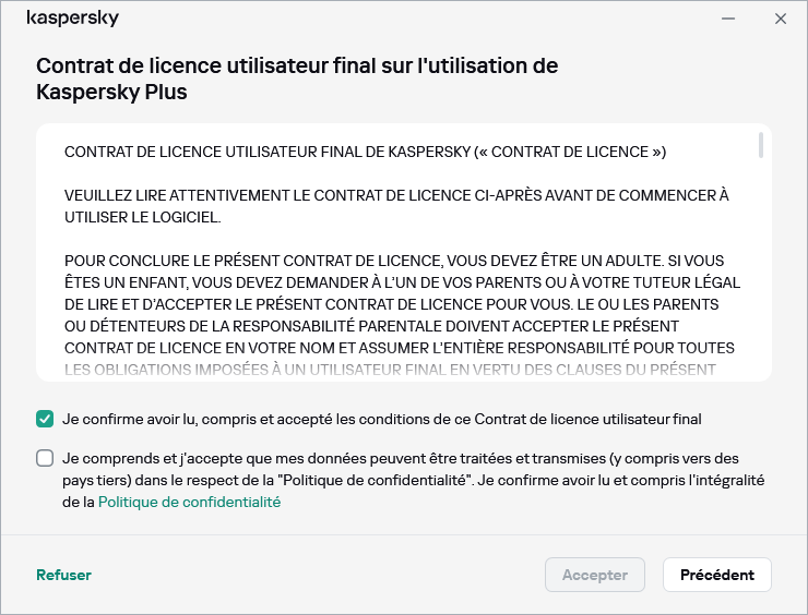 La fenêtre d'acceptation du contrat de licence RGPD