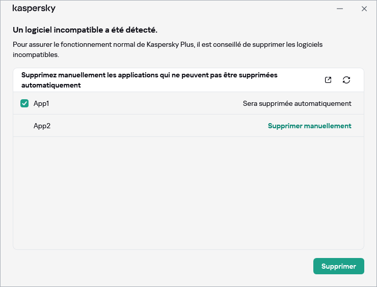 Fenêtre avec la liste des applications incompatibles