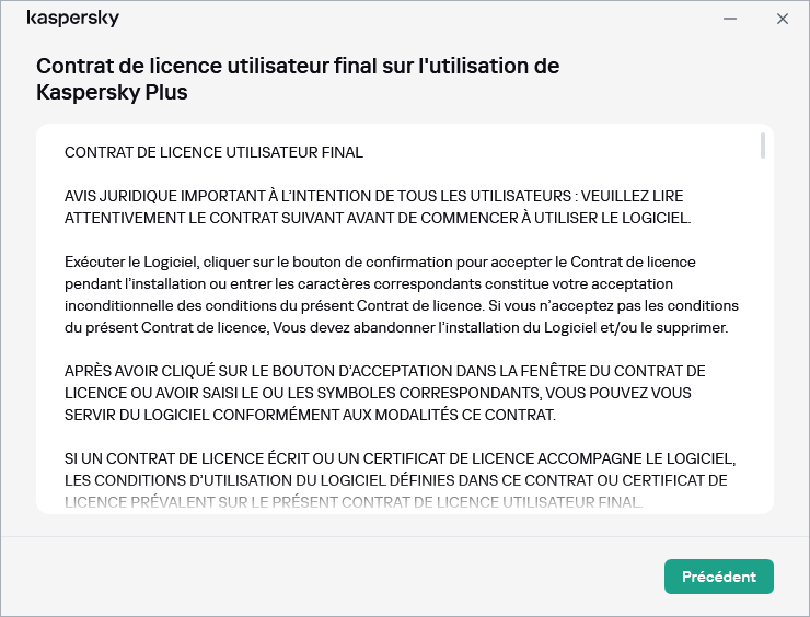 Fenêtre contenant le texte du Contrat de licence utilisateur final