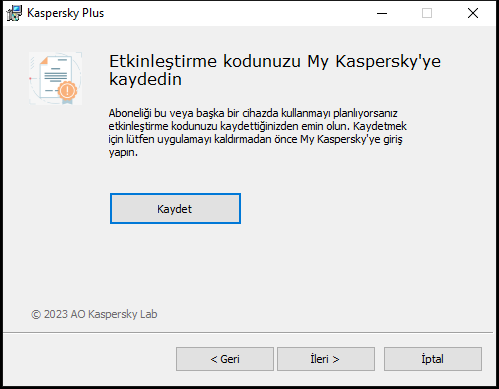 My Kaspersky'de bir aboneliğin kaydedilmesini isteyen pencere