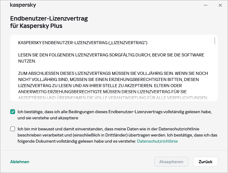 Fenster zum Akzeptieren der DSGVO für den Endbenutzer-Lizenzvertrag