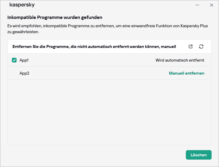 Fenster mit der Liste der inkompatiblen Apps