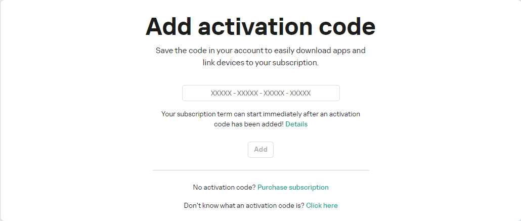 Window for adding an activation code to your account