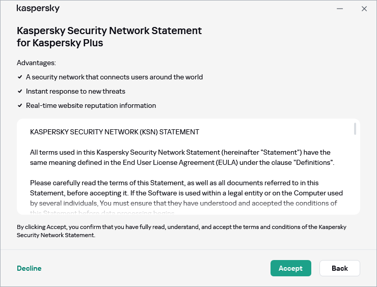 The GDPR Kaspersky Security Network Statement acceptance window