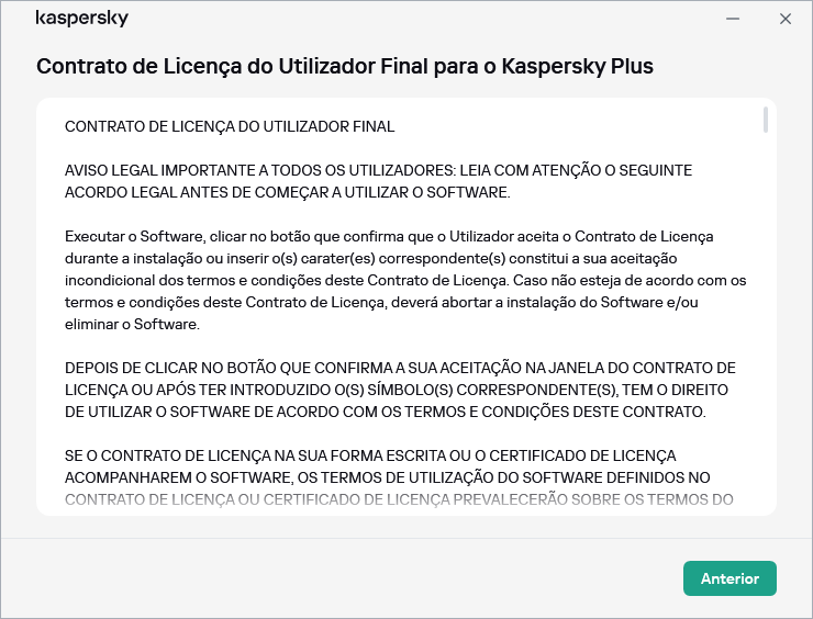 Janela que contém o texto do Contrato de Licença do Utilizador Final