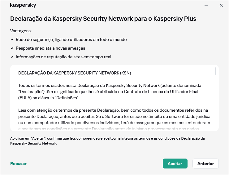 A janela de aceitação da Declaração da Kaspersky Security Network do RGPD