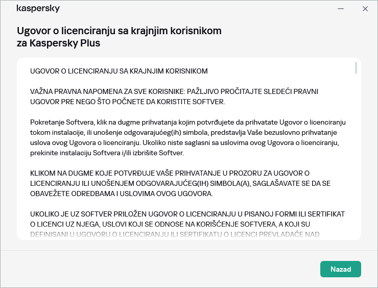 Prozor sadrži tekst Ugovora o licenciranju sa krajnjim korisnikom