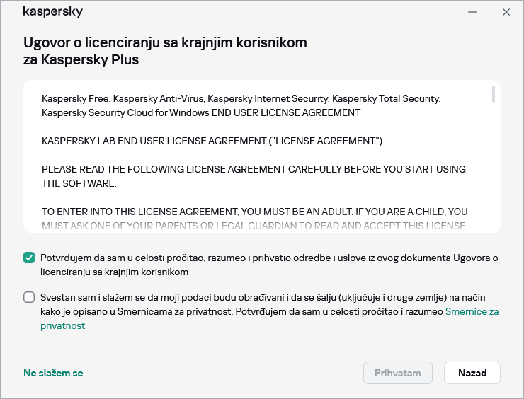 Prozor prihvatanja ugovora o GDPR licenci